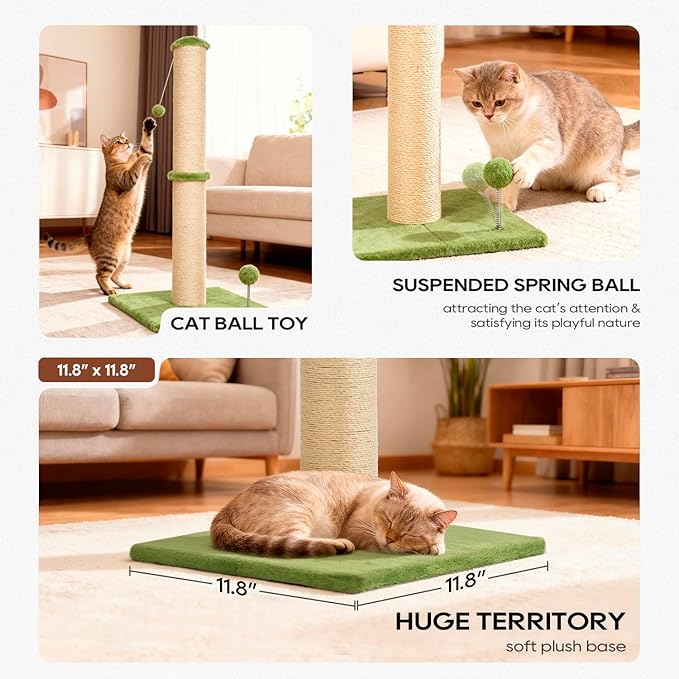 FDW 22 Inch Cat Scratching Post Cat Scratcher Natural Sisal Rope Scratch Post Kitten Trees with Hanging Ball for Indoor Cats,Green
