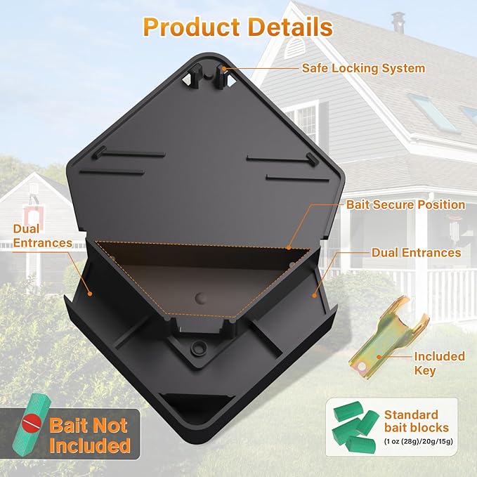 Mouse Station with Keys Black 32 Pack, Key Required Mouse Stations, Mice Stations, Keeps Children and Pets Safe Indoor & Outdoor
