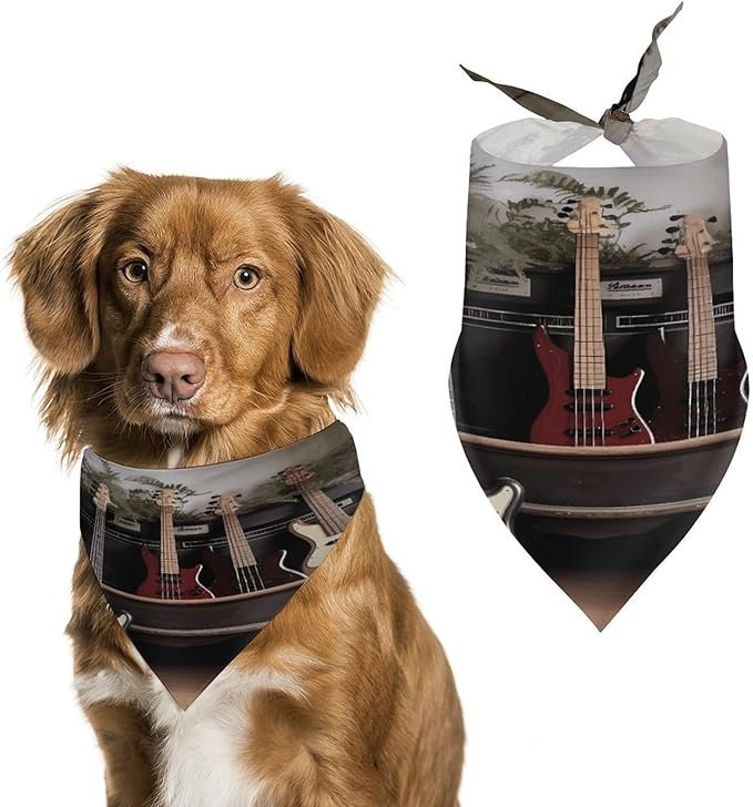Dog Bandana Spring Pet Scarf Adjustable Triangle Guitar Bass Music Musical Instruments Printing Dog Bib Washable Polyester Puppy Bandana for Small Medium Large Dogs Cat Birthday Party Supplies