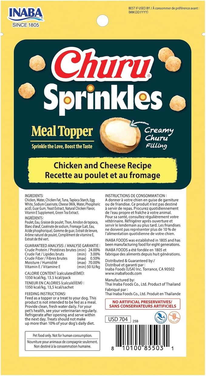 INABA Churu Sprinkles for Dog, Soft & Chewy Churu Filled Dog Meal Toppers with Vitamin E and Green Tea Extract, 1.05 oz. per Pack, 18 Packs Total, Chicken and Cheese Recipe
