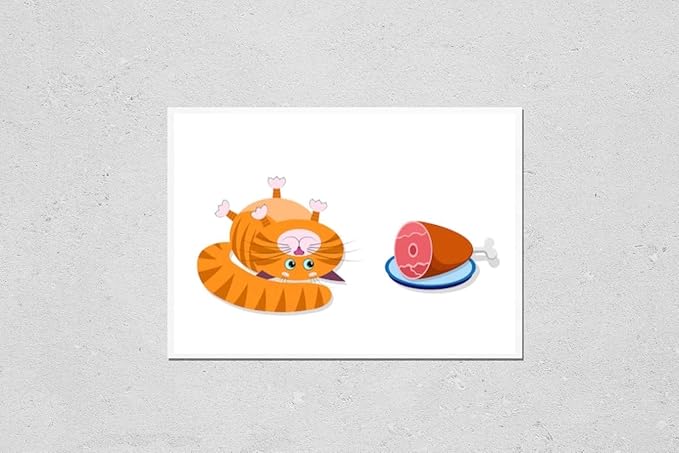 Wall Art Poster Print of Food for Cats, Pets. a Cute Red Cartoon Cat with a Funny Muzzle, Face Lies on Its Back and Looks at a Bowl of Food, Ham. Cat with Blue Eyes, Long Mustache, Sharp Ears. for