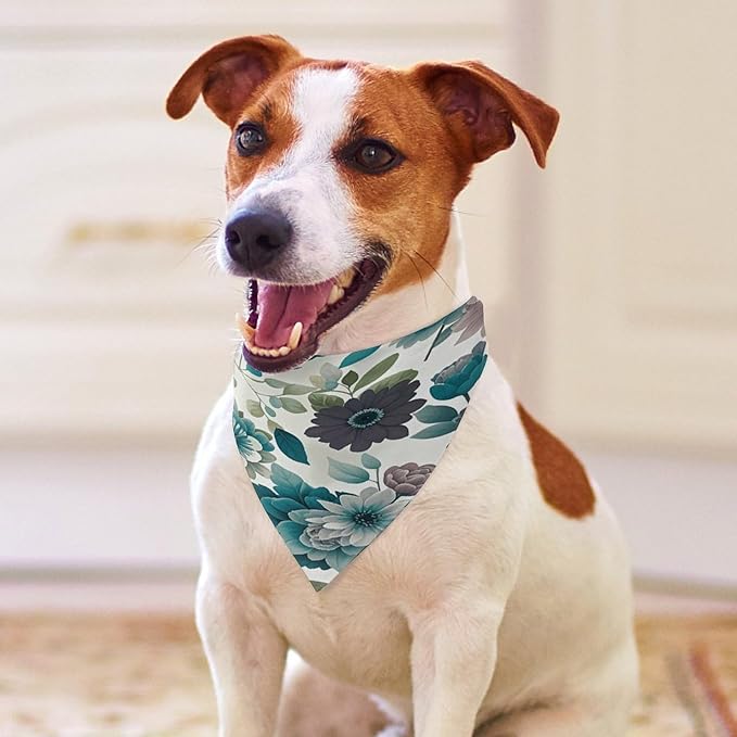 Dog Bandana Spring Pet Scarf Adjustable Triangle Teal Grey and White Floral Printing Dog Bib Washable Polyester Puppy Bandana for Small Medium Large Dogs Cat Birthday Party Supplies