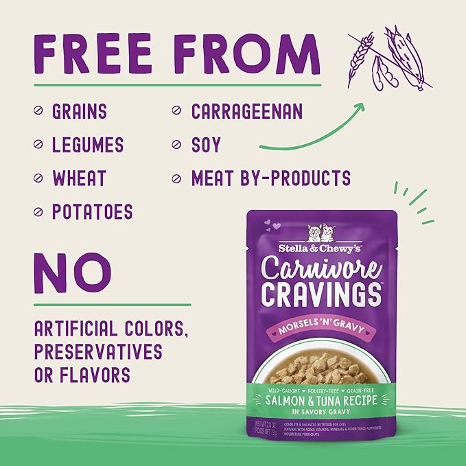 Stella & Chewy's Carnivore Cravings Wet Cat Food Pouches - Premium Salmon & Tuna Recipe - Grain-Free Morsels & Gravy - Perfect for Picky Eaters - Complete Meal or Topper - 2.8oz, 24-Pack