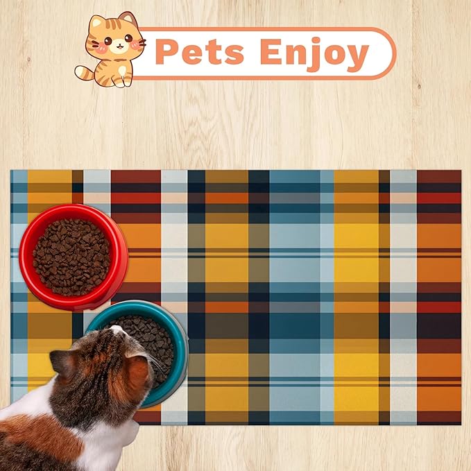 Buffalo Plaid Dog Food Mat for Floors Absorbent, Quick Dry Water Dispenser Mat for Food, Water, Pet Supplies 16" x 24", Colorful Plaid