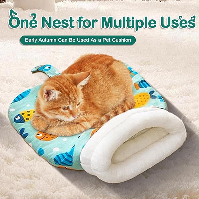 Cozy Cat Sleeping Bag, Cat Sleeping Bag for Indoor Cats, 360°Warm Cat Nap Sleeping Bag, Soft Plush Cat Sack Bed, Large Sleeping Bag for Cats up to 7.5Kg/16Lbs-Green