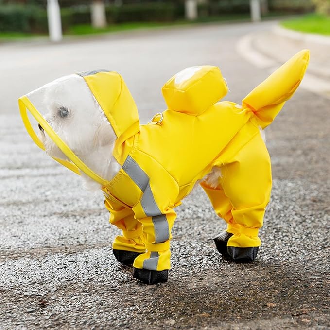 Waterproof Dog Raincoat,Full Coverage 4 Legs Dog Rain Jacket for Small Dogs,Pet Rain Coat with Hood,Reflective Strips&Leash Hole Outdoor Raincoat (Medium（for Weight 5.1-8.1 lb）, Yellow)