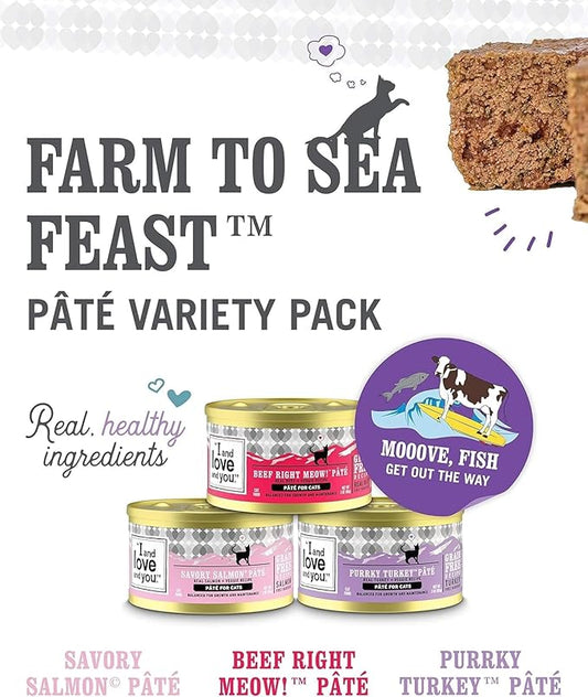 I AND LOVE AND YOU Wet Cat Bundle with Naked Essential Farm to Sea Variety Pack + XOXOs Chicken and Beef Variety Pack
