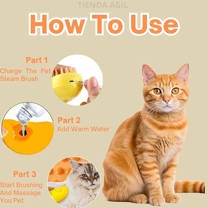 Hair Brush for Pets with Steam Function, Soft Rubber Bristles, Water or Essential Oil Reservoir, Non-Slip Grip, Easy Cleaning, for Dogs and Cats (Yellow)