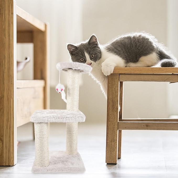 3-Layer Sisal Cat Scratching Post with Mouse Wear-Resistant Indoor Cat Scratcher Tower for Kittens and Adult Beige Multi-Level Activity Center
