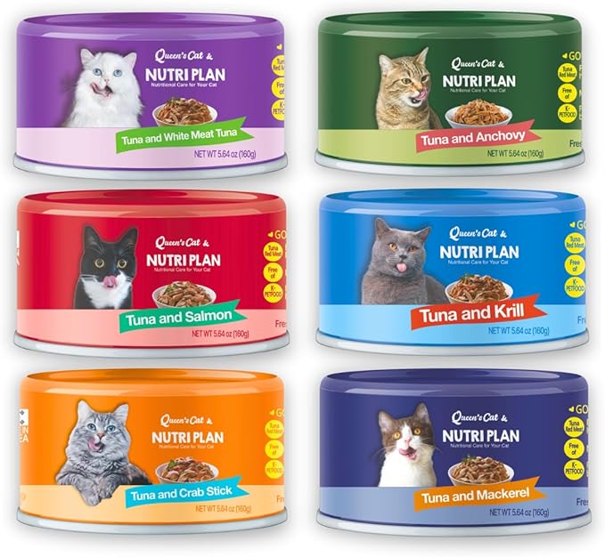 Queen's Cat & NUTRI PLAN Wet Cat Food Gourmet Tuna Meat Recipe (5.64oz/24 Count) 6 Flavor High Protein Taurine Rich, No Added Preservatives or Seasonings, Complete Balanced Nutrition