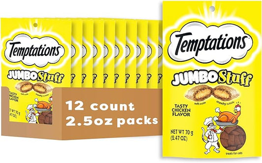 Temptations Jumbo Stuffed Cat Treats, Crunchy and Soft Cat Treats, Tasty Chicken Flavor, 2.5 oz. Pouch (Pack of 12)