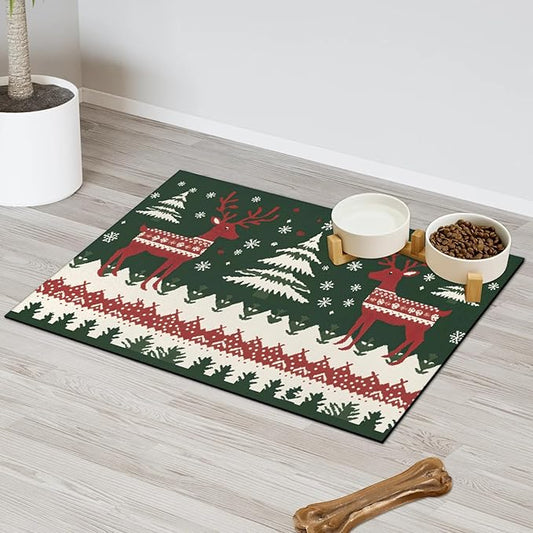 Xmas Elk Dog Food Mat for Floors Absorbent, Quick Dry Water Dispenser Mat for Food, Water, Pet Supplies 12" x 20", Christmas Tree
