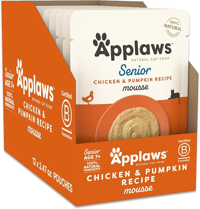 Applaws Senior Natural Wet Cat Food in Mousse, Limited and Natural Ingredients, High Protein with No Artificial Additives, Chicken Breast & Pumpkin (24 Count, 2.47 oz Pouches)