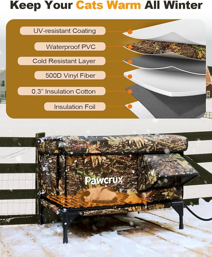 Weatherproof Heated Cat House for Outdoor in Winter, Heated Cat Bed Kitty Shelter with Cat Heating Pad, Insulated & Safe Escape Door, Warm House for Outside Stray Cat (Leaf Color, 12"x16"x16")