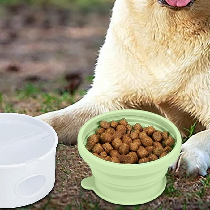 Portable Pet Travel Bowl - 12oz Foldable Silicone Dog Dish for Easy Feeding, Lightweight Space Saving Build with Attached Poop Bag Dispenser, Durable Pet Food Water Container for Walking Hiking