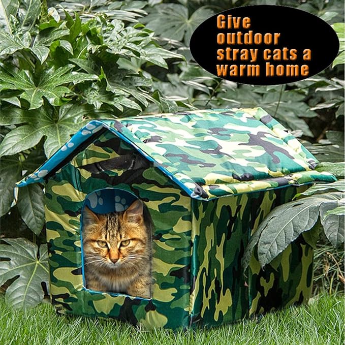 Outdoor Cat House, Cat Houses for Outdoor Cats, Weatherproof Warm and Insulated Cat House with Transparent Curtain Pet House, Stray Cats Shelter (Camouflage Green, Large-Houses)