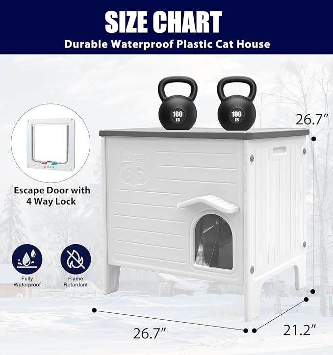 Plastic Cat House Outdoor & Indoor, Feral Cat Houses with Escape Door, Waterproof Outdoor Cat Shelter for Feral Stray Cat Kitty, Assemble Easily