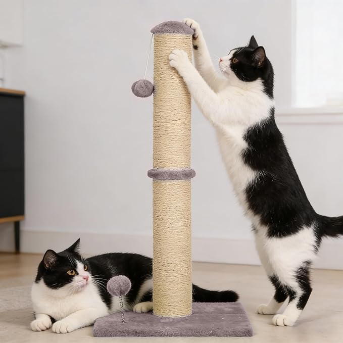 33" Tall Cat Scratching Post, 3-in-1 Durable Sisal Vertical Cat Scratcher Post with Hanging Ball, Soft Fabric Stable Base Cat Scratch Pole for Indoor Cats at All Ages, Light Gray