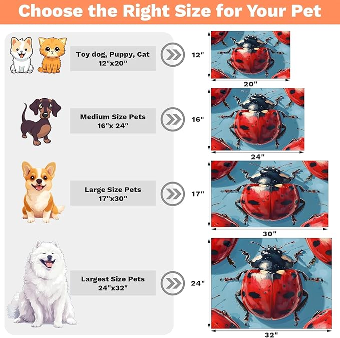 Ladybird Dog Food Mat for Floors Absorbent, Quick Dry Water Dispenser Mat for Food, Water, Pet Supplies 16" x 24", Black Red Ladybird