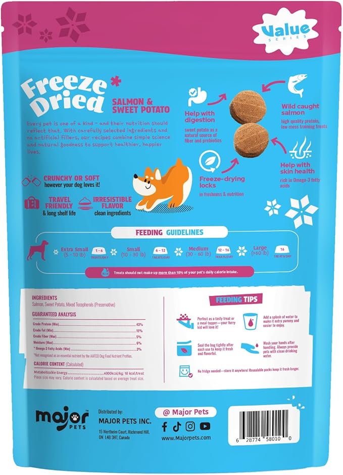 MAJOR PETS Freeze Dried Dog Treats, Wild-Caught Salmon & Sweet Potato, Omega 3 for Skin & Coat Support, Limited Ingredient High Protein Grain Free Training Reward & Meal Topper, Made in the USA, 2.5oz