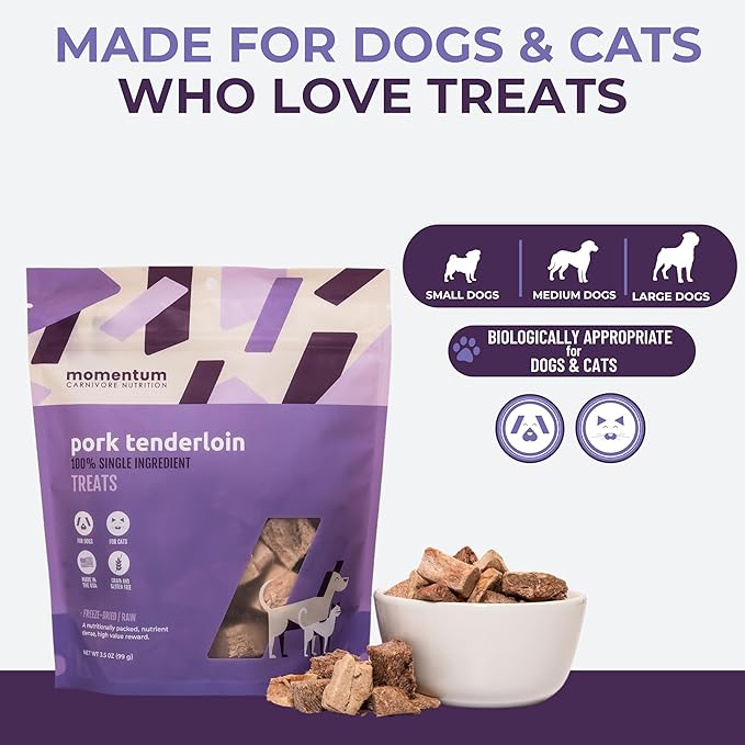 Momentum Carnivore Nutrition Freeze-Dried Pork Tenderloin Dog Treats & Cat Treats – Single-Ingredient, High-Protein, Grain-Free, Lean & Naturally Tender – Made in USA – 3.5 oz Bag