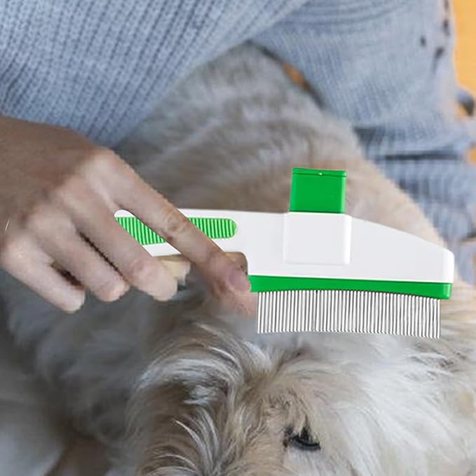 Cat Hair Brush for Dogs and Cats, Dog Grooming Supplies with Easy Release Button, Puppy Flea Cleaning Comb for Bathing Long and Short Hair Pets, Indoor Outdoor Removal, Soft Gentle Grooming Tool