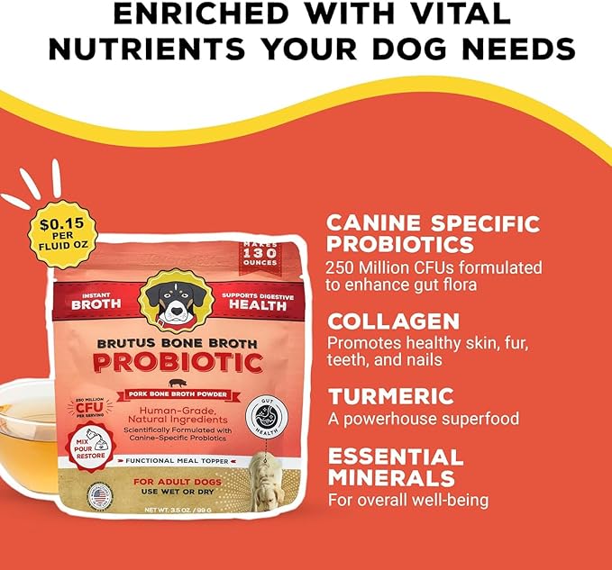 Brutus Broth Dog Food Topper - Bone Broth Powder with Probiotics for Dogs - Made with Natural Ingredients, Human-Grade Quality - Serve Dry or Wet - Pork Flavor - 3.5 oz Pack (Makes 130 oz with Water)