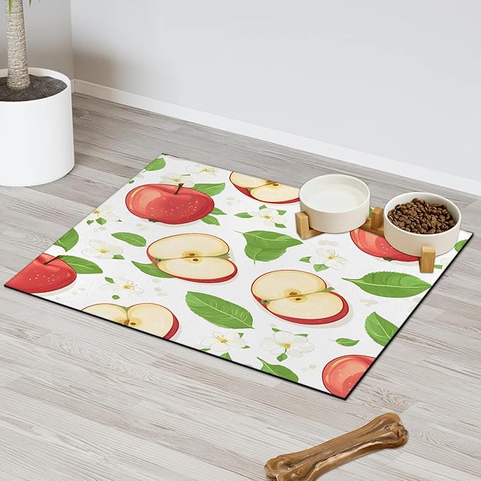 Apples Fruit Dog Food Mat for Floors Absorbent Dog Bowl Mat for Food and Water Dispenser Quick Dry Cat Food Placemat Pet Supplies 12" x 20", Green Leaves