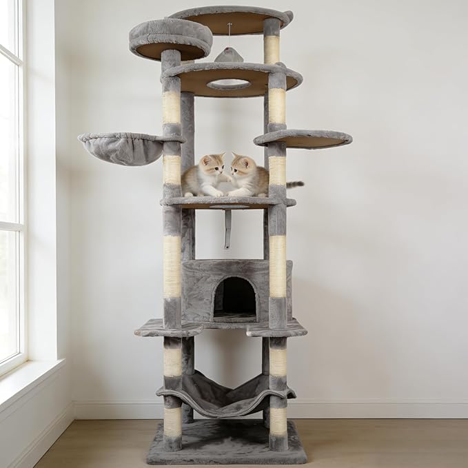 78.8 Inches Cat Tower for Indoor Cats, Cute Cat Tree with Cozy Condo, Platform, Hammock, Sisal Scratch Board and Interactive Toy (Dark Gray)