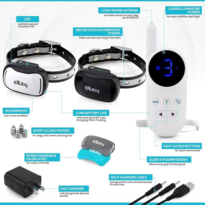 eXuby Tiny Dual Shock Collar - Smallest Collar on The Market - Sound, Vibration, Shock - 9 Intensity Levels - Pocket-Size Remote - Long Battery Life - Water-Resistant - White Remote