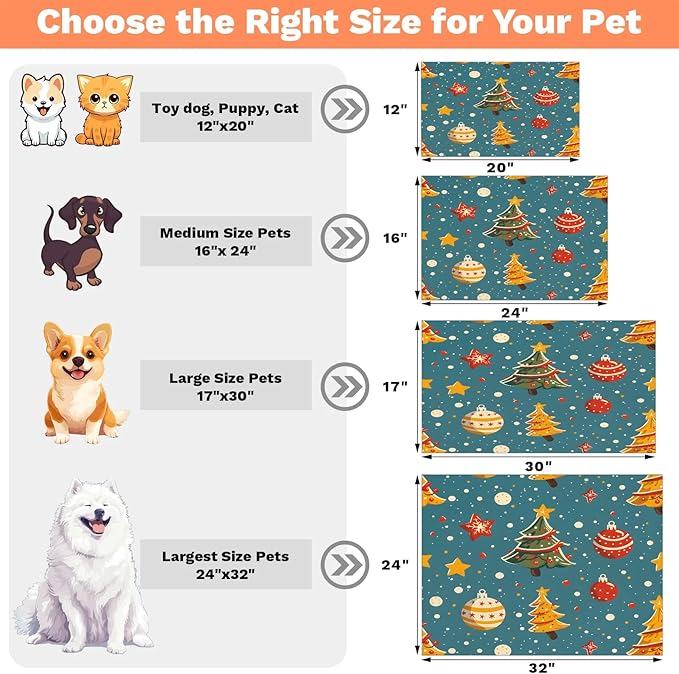 Christmas Tree Dog Food Mat for Floors Absorbent, Quick Dry Water Dispenser Mat for Food, Water, Pet Supplies 16" x 24", Xmas Ball