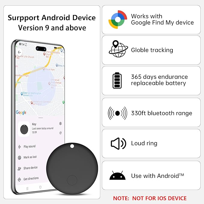 Bluetooth Tracker Android - 2 Pack, Item Finders Locators Work with Google Find My App (Only for Android), Tracker Tag for Keys, Luggage, Backpack, Wallet, Vehicle, Pets (Black)