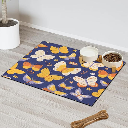 Flower Butterfly Dog Food Mat for Floors Absorbent, Quick Dry Water Dispenser Mat for Food, Water, Pet Supplies 16" x 24", Watercolor Animals