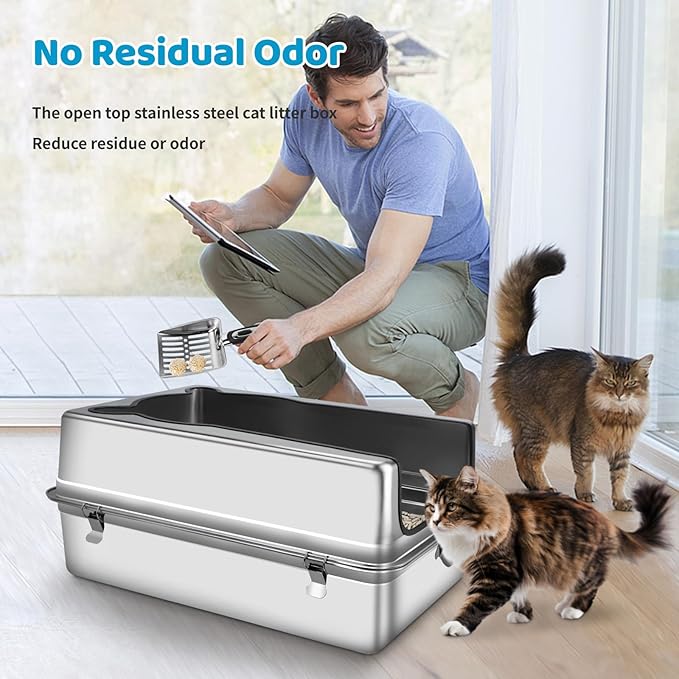 Extra Large Stainless Steel Cat Litter Box, 27.5" L x 19.7" W x 14" H XXXL Semi Enclosed Removable Metal Litter Tray with High Sided Enclosure, Scoop, Anti-Leakage, Non-Sticky, Easy Cleaning