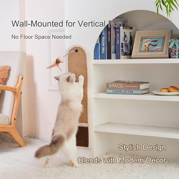 28" Wall Mounted Cat Scratcher for Indoor Cats – Vertical Sisal Cat Scratching Board with Self-Grooming Brush & Hanging Toy, Space-Saving Cat Wall Furniture, No-Drill Adhesive or Screw Mount