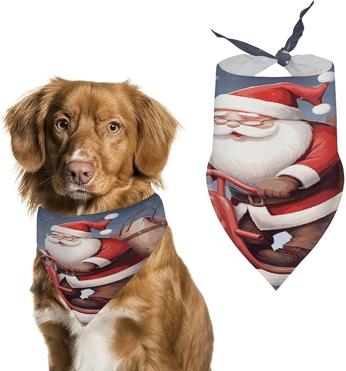Dog Bandana Spring Pet Scarf Adjustable Triangle Santa Claus on Scooter Printing Dog Bib Washable Polyester Puppy Bandana for Small Medium Large Dogs Cat Birthday Party Supplies