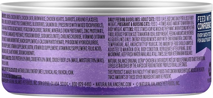 Natural Balance Original Ultra Adult Wet Canned Cat Food, Chicken & Liver Recipe 5.5 Ounce (Pack of 24)
