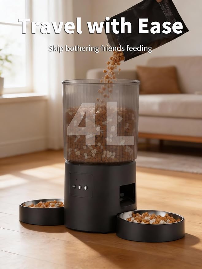 Automatic Cat Feeder, 2.4GHz WiFi Automatic Dog Food Dispenser, Fresh Protection, 4L Timer Feeder, Personalized Recording 10 Seconds, Easy to Clean, Stainless Steel Bowl (Double/Black)