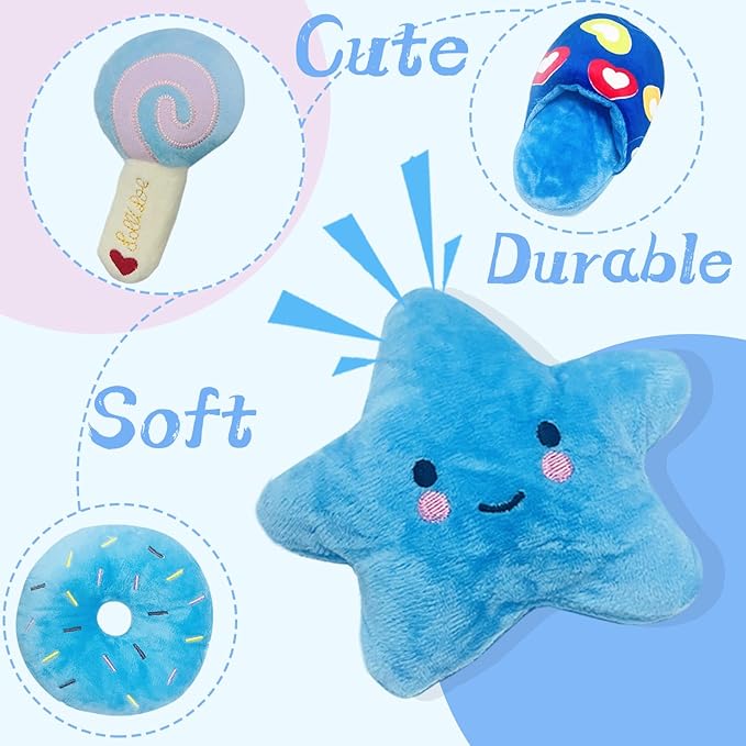 Dog Toys for Small Dogs, 4 Packs Cute Chew Toys for Puppy, Durable Soft Plush Small Dog Toys, Blue Stars Designs, Puppy Teething Toys