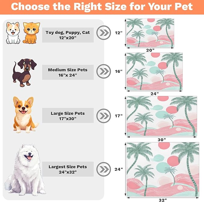 Palm Trees Dog Food Mat for Floors Absorbent, Quick Dry Water Dispenser Mat for Food, Water, Pet Supplies 17" x 30", Watercolor Sun