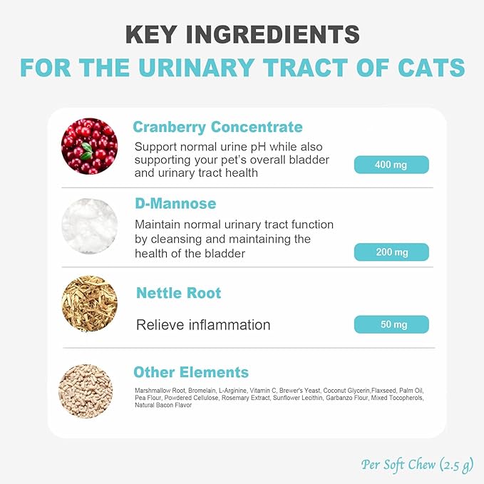 Urinary Tract Support for Cats – Cranberry, D-Mannose & Marshmallow Root – Soft Chews for Bladder & Kidney Health – Chicken Flavor – 100 Chews