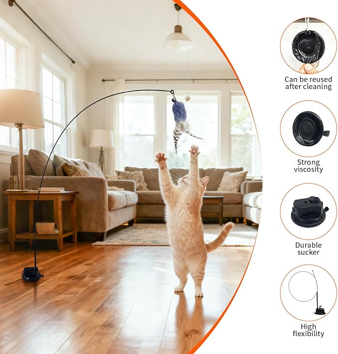 Interactive cat Feather Toy, Fishing Rod Feather Toy, Replaces Simulated Bird Feathers, Reinforced Suction Cup, Suitable for Indoor use.