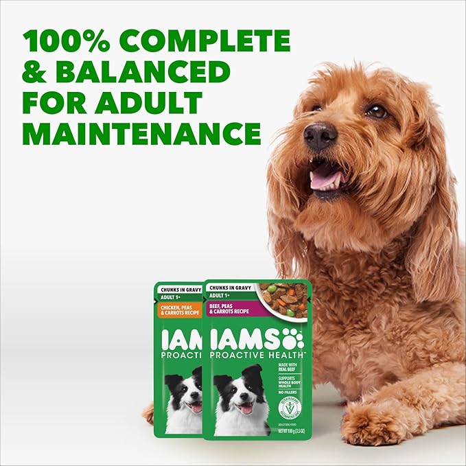 IAMS Proactive Health Adult Wet Dog Food, Beef, Peas and Carrots Recipe, 3.5 oz. Pouch (16 Count, Pack of 1)