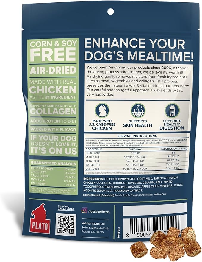 Plato Pet Treats Dog Food Toppers - Air-Dried Dog Food Toppers for Dry Food - with Collagen to Support Skin and Coat Health - Goat Milk & Collagen Recipe 5.5oz