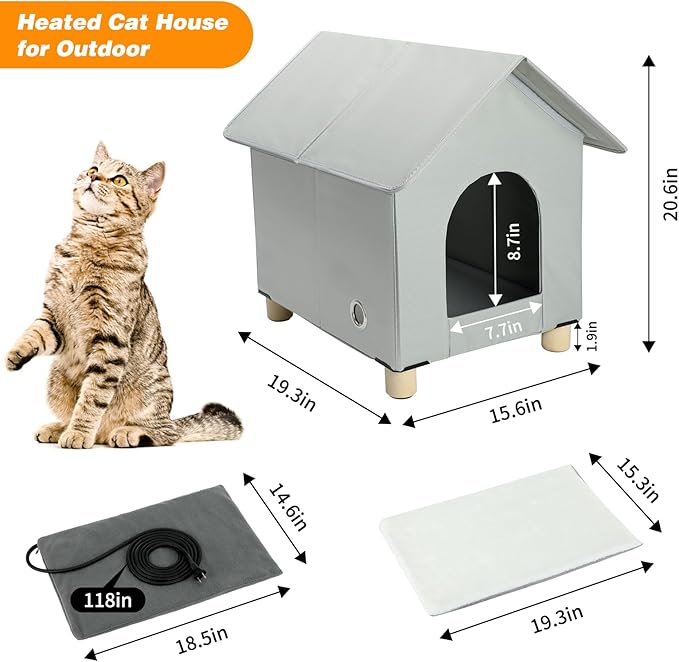 BWOGUE Elevated Heated Cat House for Outdoor Cats in Winter, Waterproof & Insulated Feral Cat Shelter for Outside Cats,Weatherproof Feral Cat House for Outside (Grey, L)