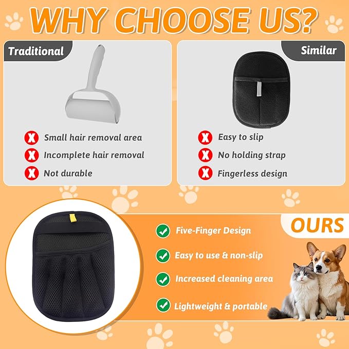 DIANA'S DREAM Pet Hair Removal Glove for Cats & Dogs, Electrostatic Pet Hair Remover, Reusable Cat Grooming Gloves for Hair Removal, Remove Fur from Clothing Furniture Car Seats (2Pcs)