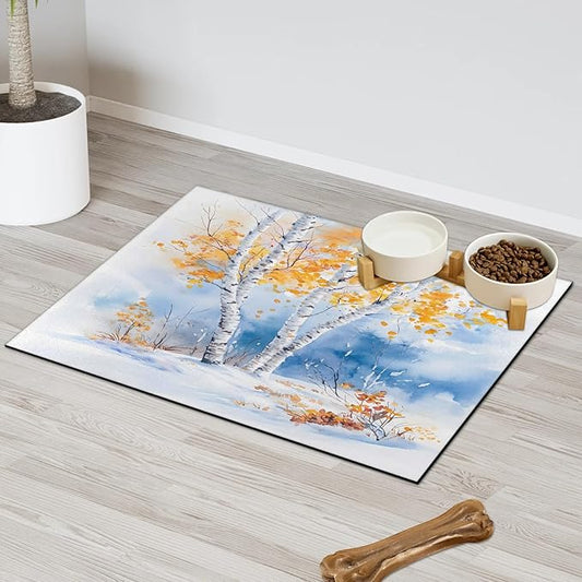 Deciduous Trees Dog Food Mat for Floors Absorbent, Quick Dry Water Dispenser Mat for Food, Water, Pet Supplies 12" x 20", Winter Scenery