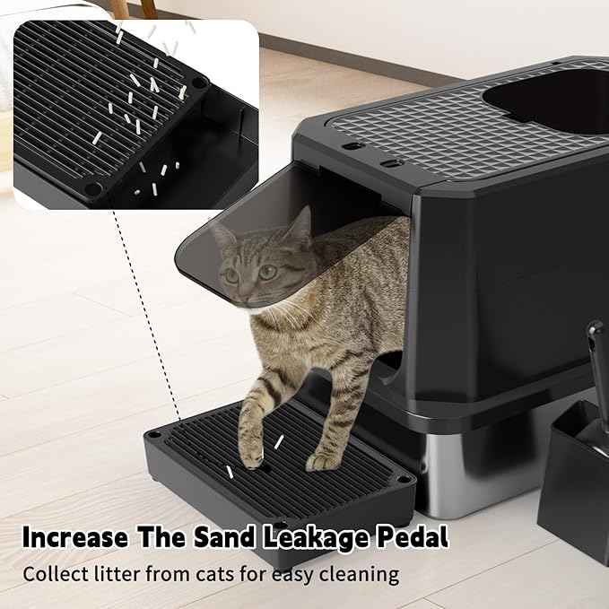 RIZZARI Enclosed Cat Litter Box: All Black Stainless Steel - Odor-Resistant & Easy Wipe Clean - Teflon Non-Stick Coating for Quick Cleaning - Large Top-Exit Pan for Modern Homes Garage
