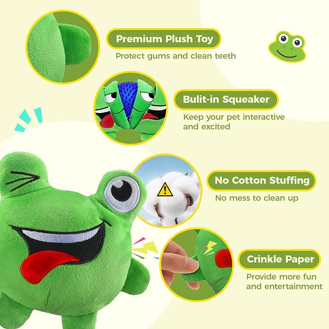 3-in-1 Squeaky Dog Toys for Aggressive Chewers, No Stuffing Frog Ball Interactive Dog Chew Toys with Crinkle Paper & Tearable Plush Puppy Teething Toy for Small, Medium & Large Dogs