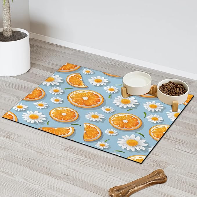 Orange Fruits Dog Food Mat for Floors Absorbent Dog Bowl Mat for Food and Water Dispenser Quick Dry Cat Food Placemat Pet Supplies 12" x 20", Daisy Flowers